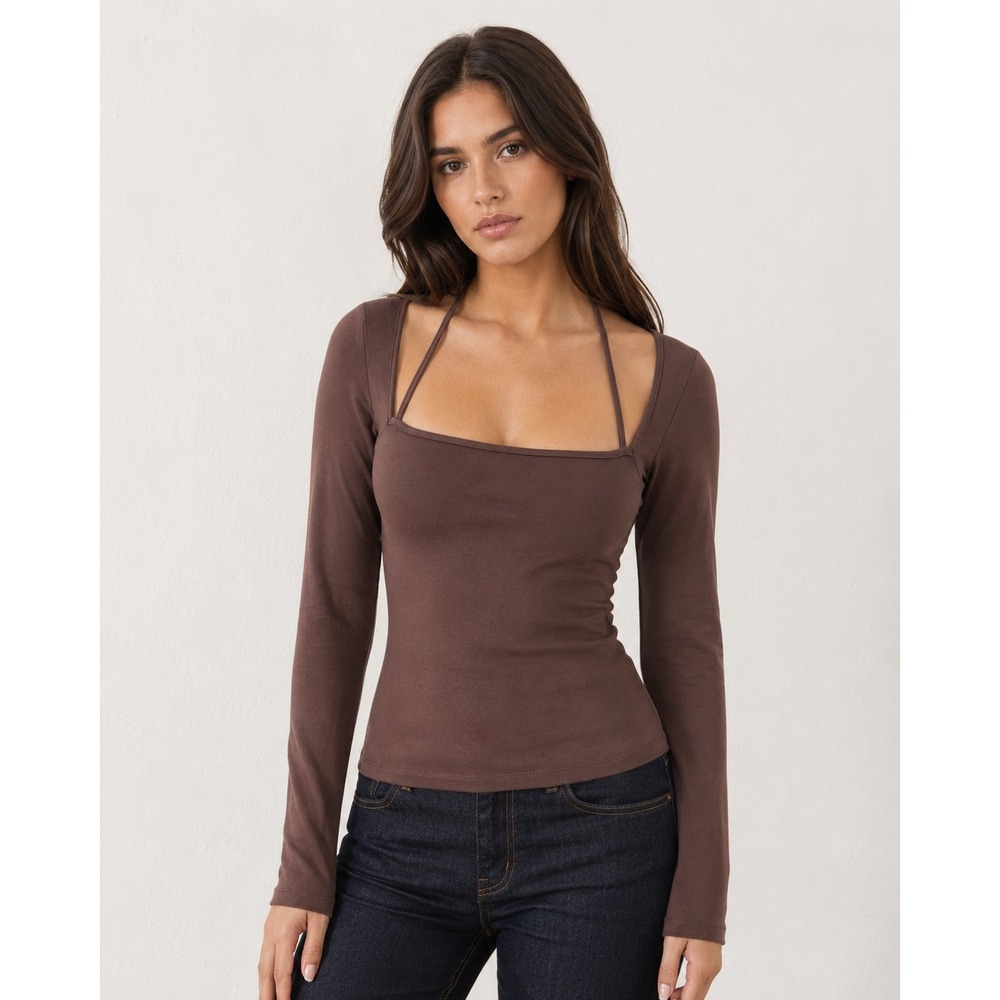 Abercrombie & Fitch Brown Soft A&F Double Square Neck Long Sleeve Top Womens M